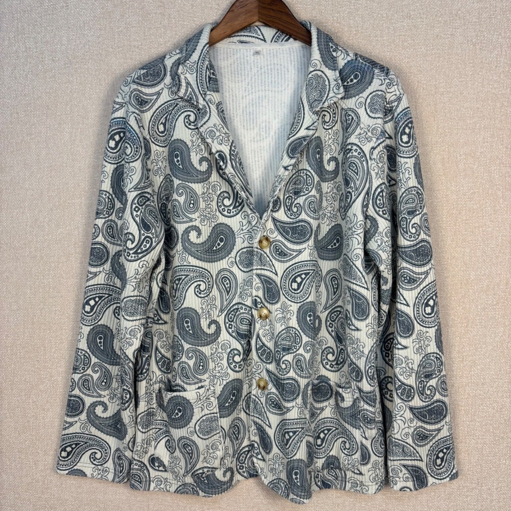 Paisley Waffle Knit Button Up Cardigan Jacket Blue White XL Notch Lapel Blazer
